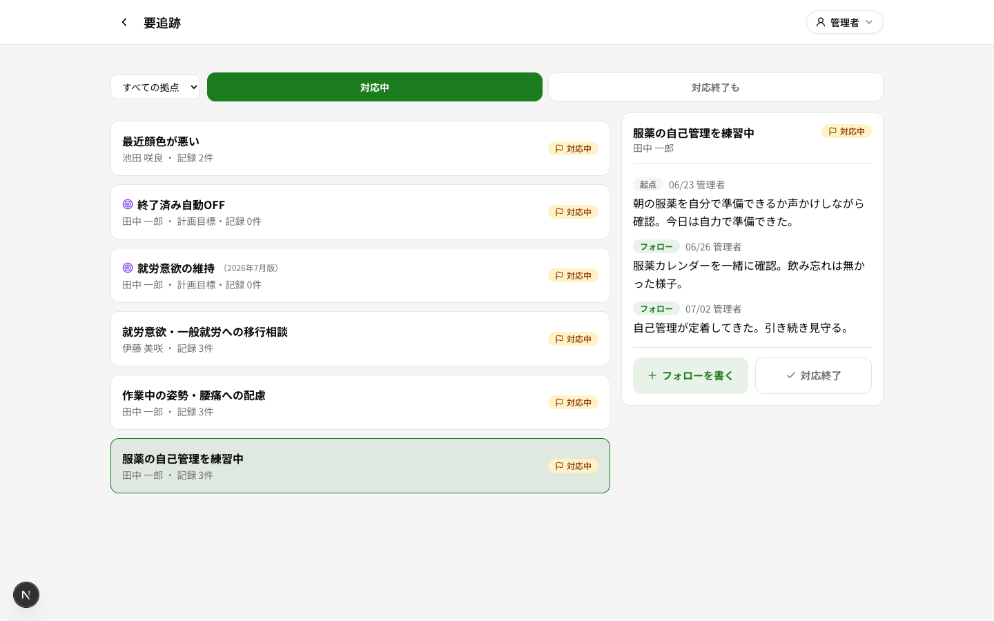 つなレコの要追跡画面。追跡フラグごとに経過がスレッドで表示される